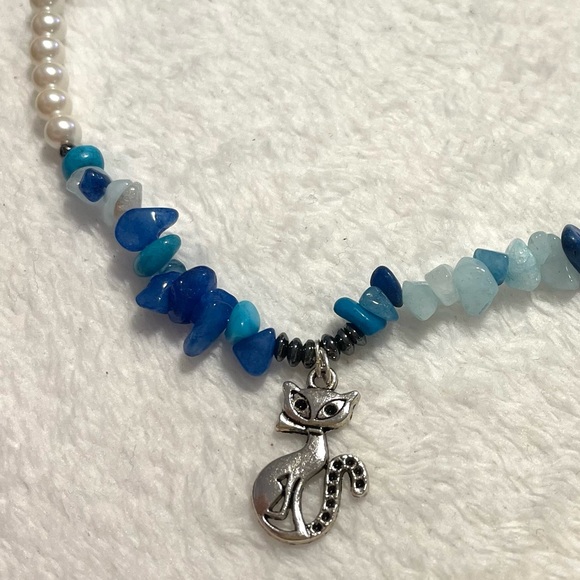 swarovski pearls beads and quartzite aqua mix chips stone choker necklace - Picture 5 of 8